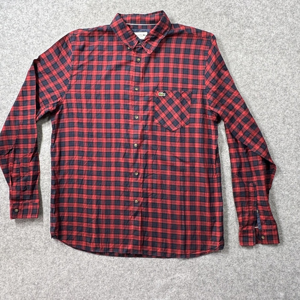 Lacoste Regular Fit Button Down Large Red Plaid Cotton Long Sleeve Shirt